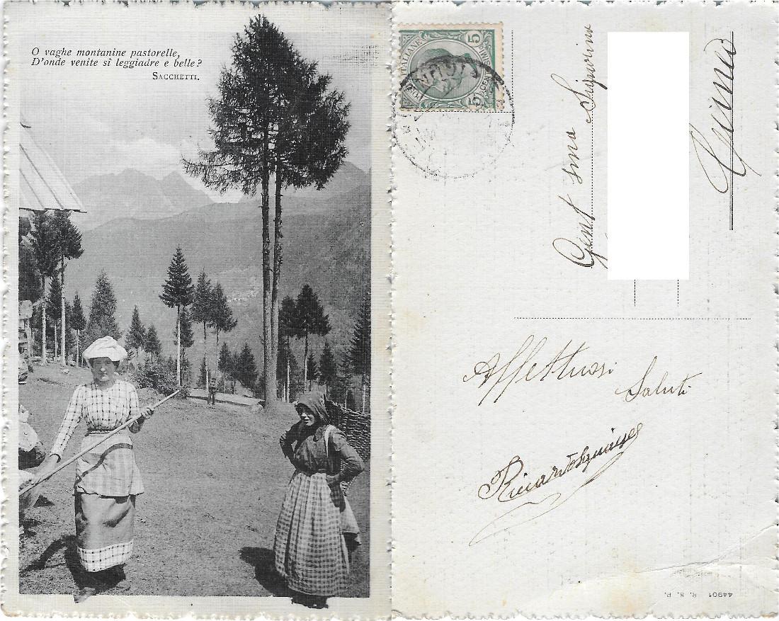 Donne in costume con verso di Sacchetti. Viaggiata