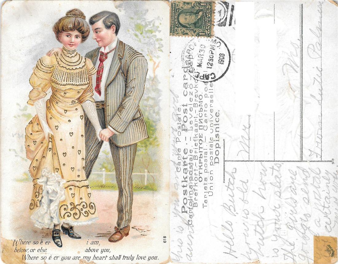 Due innamorati. Cartolina in rilievo con dorature. USA. Viaggiata 1903