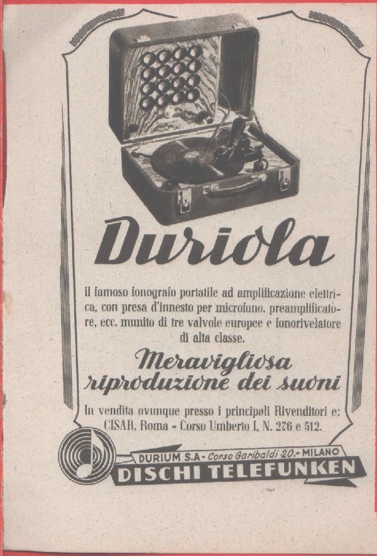 Duriola. Meravigliosa riproduzione dei suoni. Pubblicità 1942