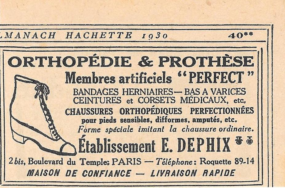 E. Dephix. Orthopedie e prothese. Pubblicita 1930