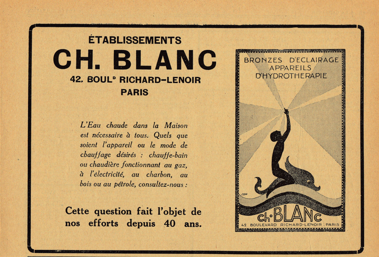 E.ts CH. Blanc, Paris. Bronzes d'eclarage, appareils d'hydroterapie. Advertising 1927