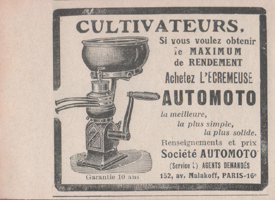Ecremeuse Automoto. Advertising 1924
