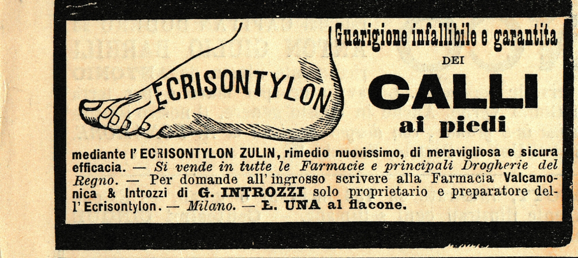 Ecrisontylon. Guarigione infallibile per i calli. Advertising 1889