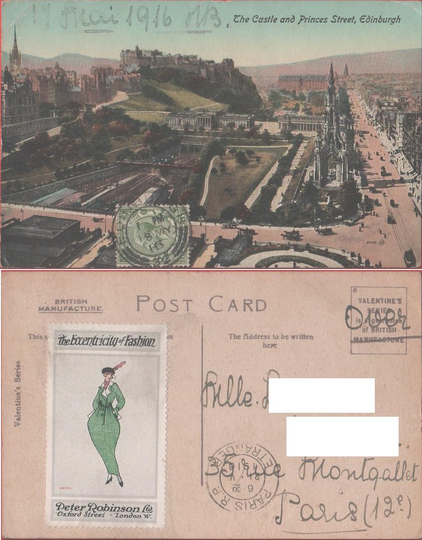 Edinburg. The Castle and Princes Street. Viaggiata 1916. Bel erinnofilo