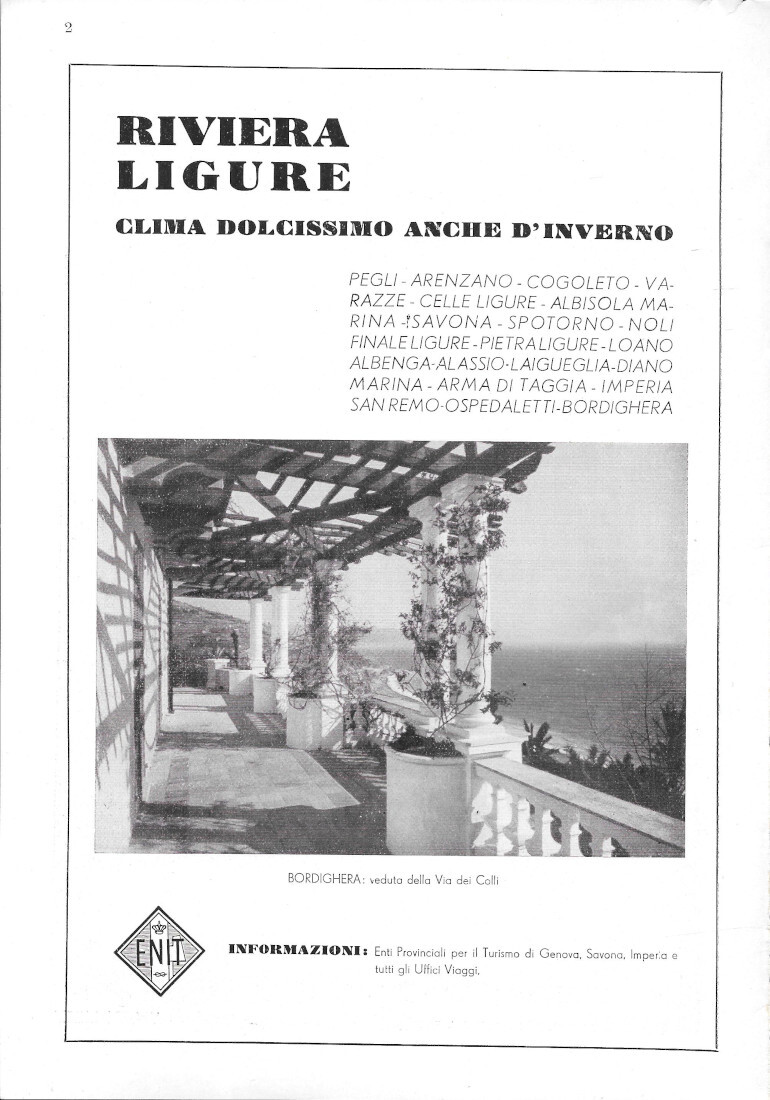 ENIT. Riviera Ligure, Bordighera / Remuzzi marmi - Advertising 1942