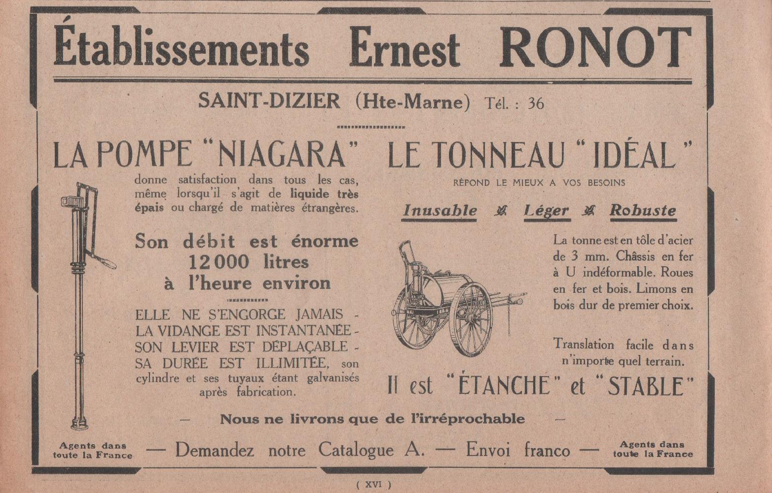 Ernest Ronot. Pompe Niagara, tonneau Ideal. Advertising 1926
