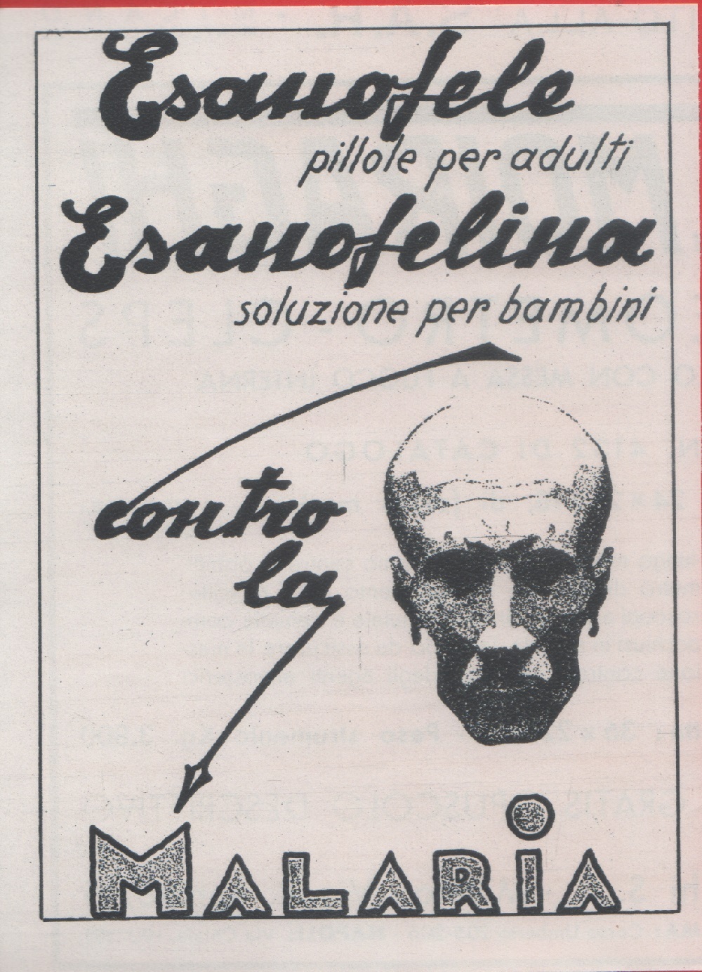 Esanofele, Esanofelina contro la malaria. Advertising 1935