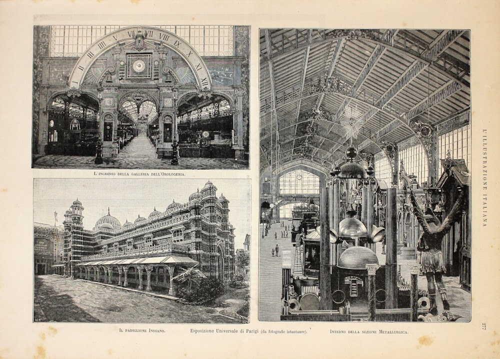 Esposizione di Parigi. Galleria dell'orologeria, padiglione indiano, metallurgica. Stampa 1889