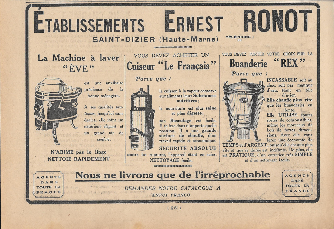 Etablissements Ernest Ronot, laveuse Eve, cuiseur Le Francais, buanderie Rex …