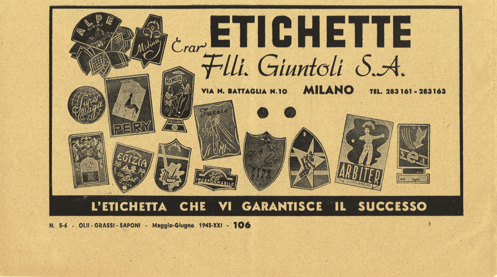 Etichette F.lli Giuntoli Milano. Advertising 1943