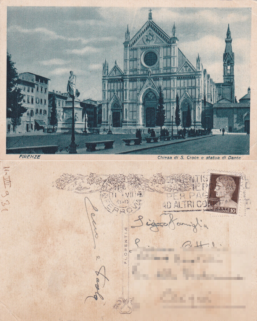Firenze. Chiesa di S. Croce e statua di Dante. Viaggiata …