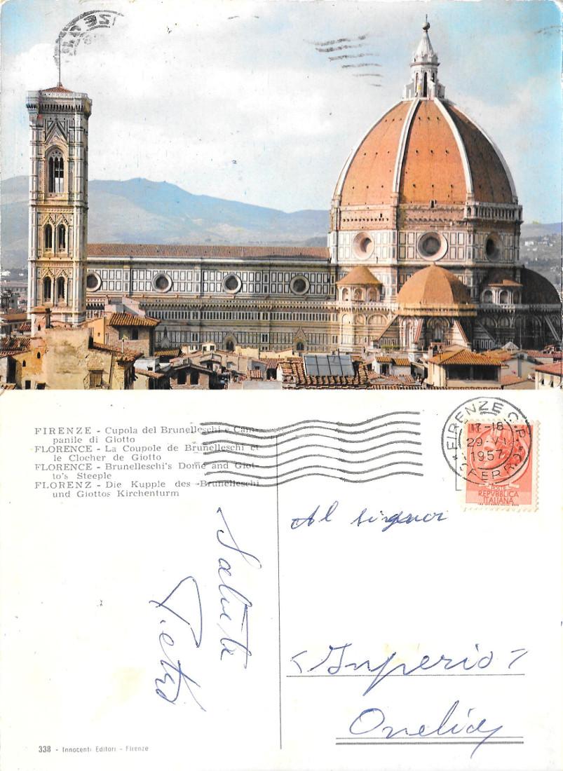 Firenze. Cupola del Brunelleschi e campanile di Giotto. Viaggiata 1957