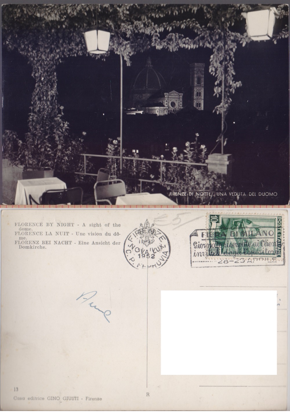 Firenze di notte. Una veduta del Duomo. Viaggiata 1952
