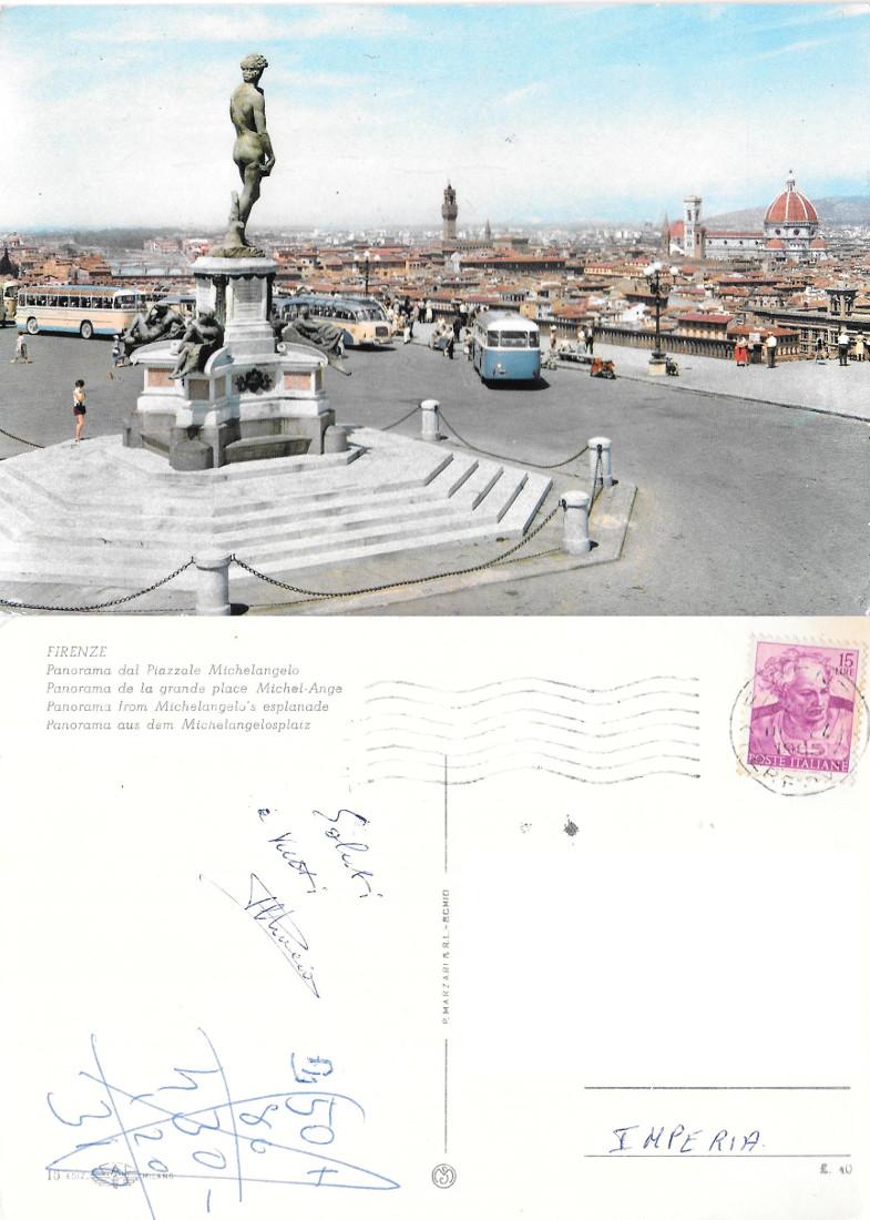 Firenze. Panorama dal Piazzale Michelangelo. Viaggiata 1965. Autobus d'epoca