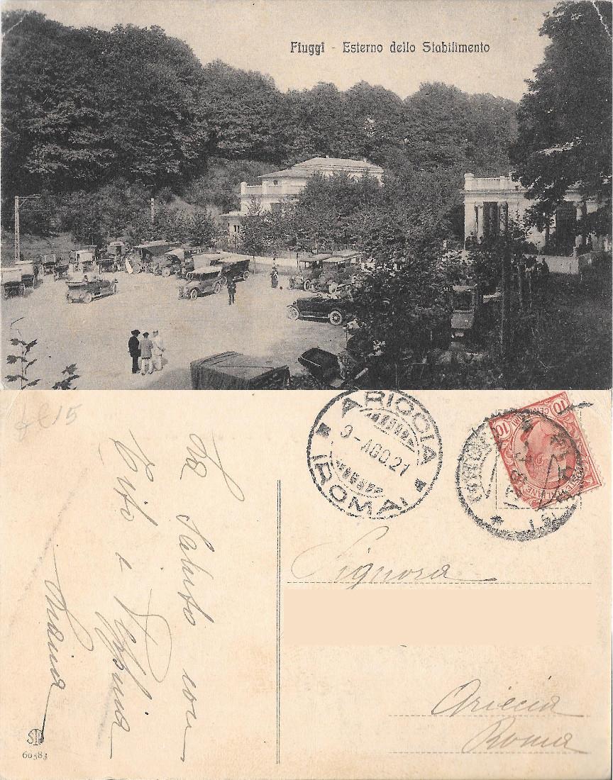 Fiuggi. Esterno dello Stabilimento. Auto. Viaggiata 1921
