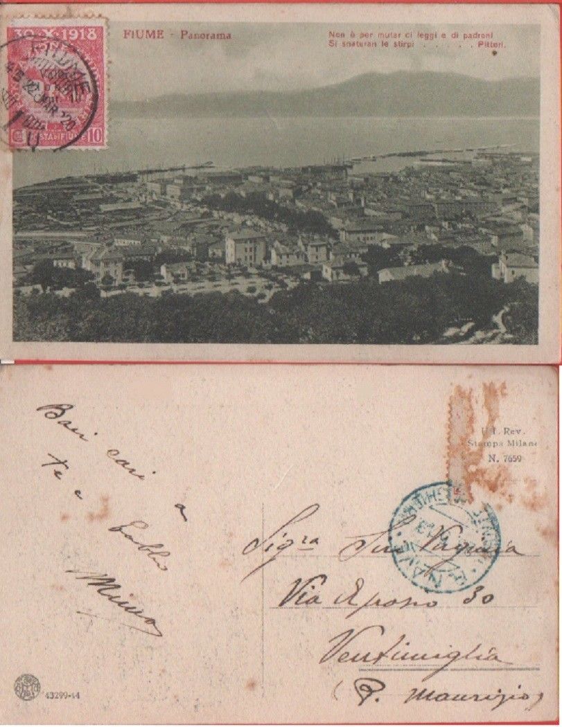 Fiume. Timbro R. Nave Dante Alighieri. Viaggiata 1919