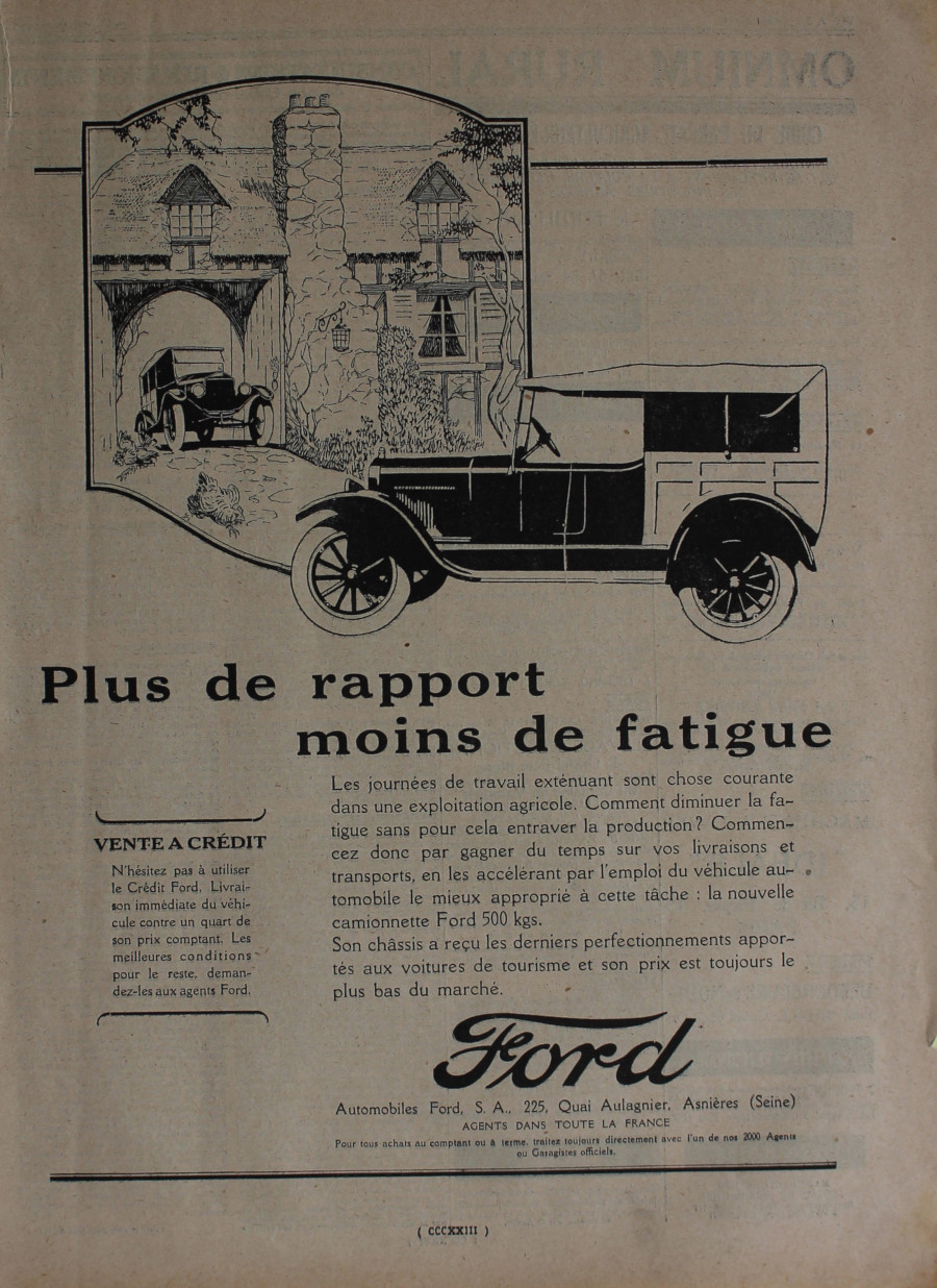 Ford. Plus de rapport moins de fatigue. Advertising 1926