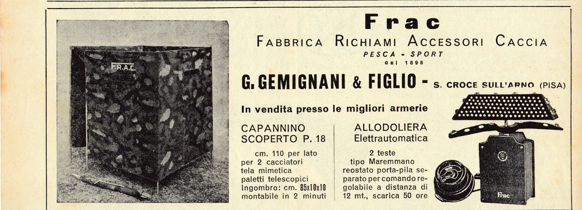 FRAC Fabbrica Richiami Accessori Caccia. Advertising 1961