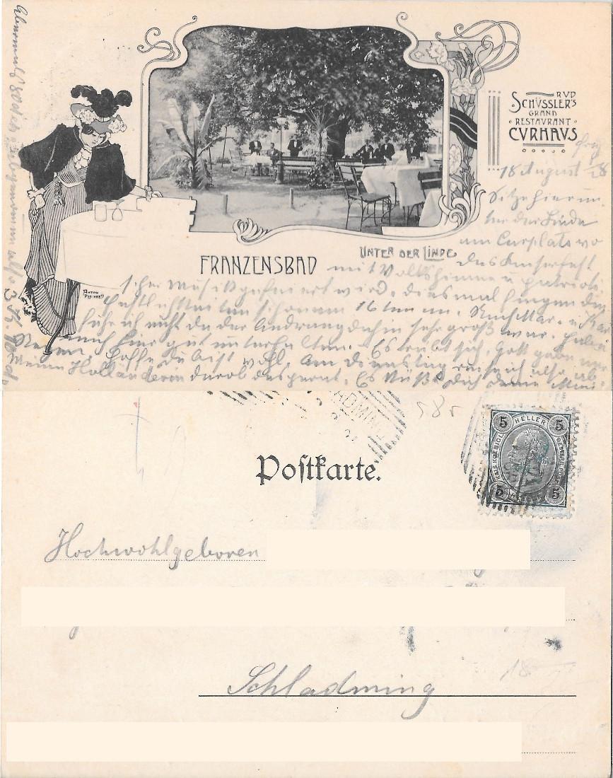 Franzensbad. Rud Schusslre's Grand Restaurant Curmaus. Viaggiata 1901