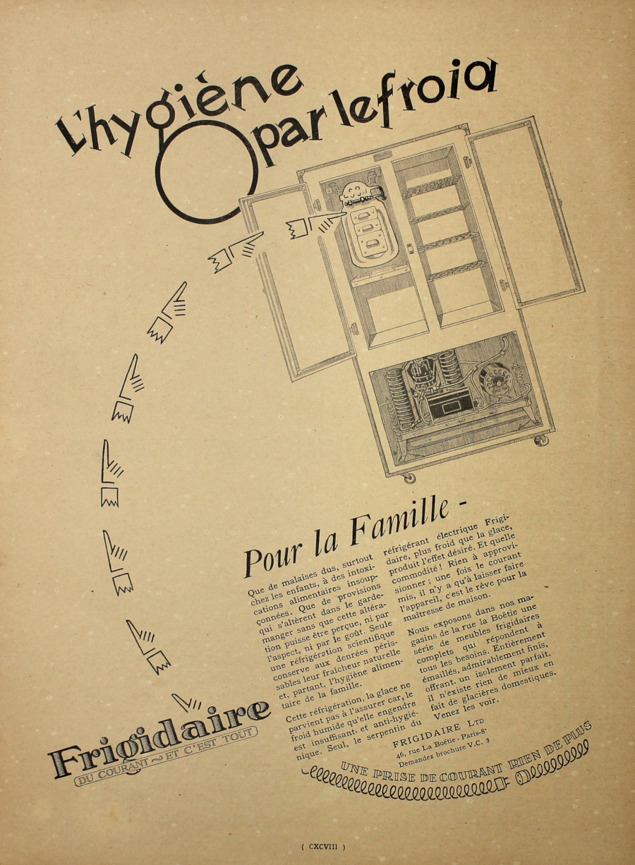 Frigidaire l'ygiene par le froid. Advertising 1927