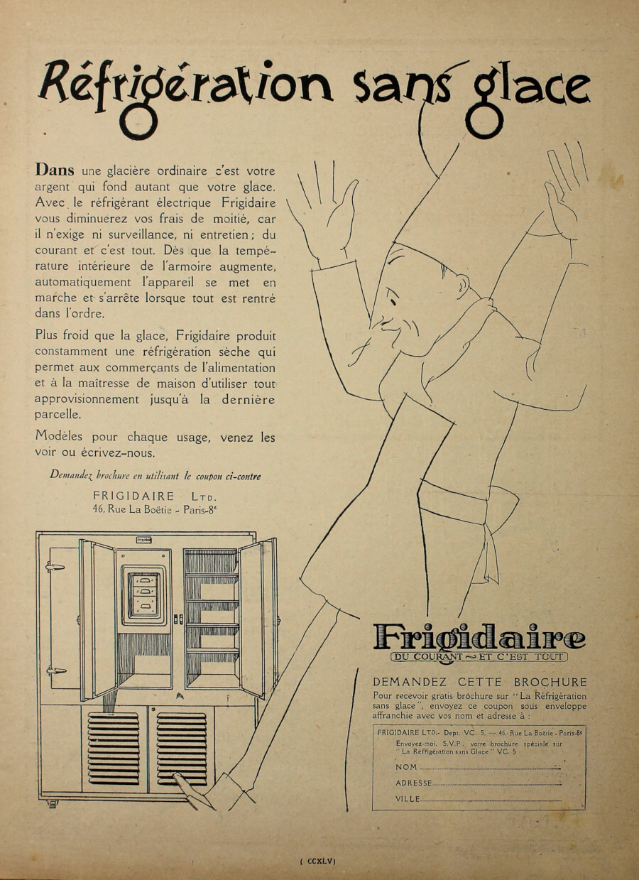 Frigidaire. Refrigetation sans glace. Advertising 1927