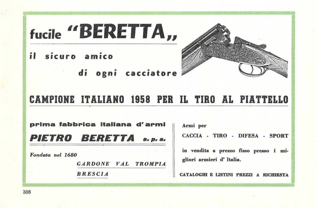 Fucile Beretta, campione italiano 1958 tiro al piatello. Pubblicita 1959
