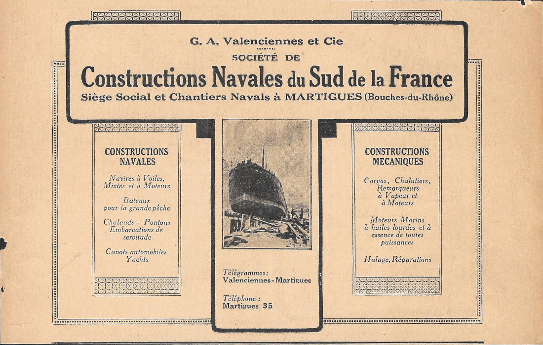 G.A. Valenciennes et Cie. Construction Navales, Martigues - Advertising 1920