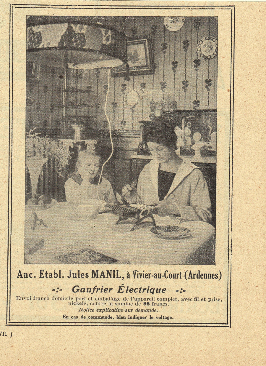 Gaufrier electrique Jules Manil, Vivier au Court. Advertising 1926