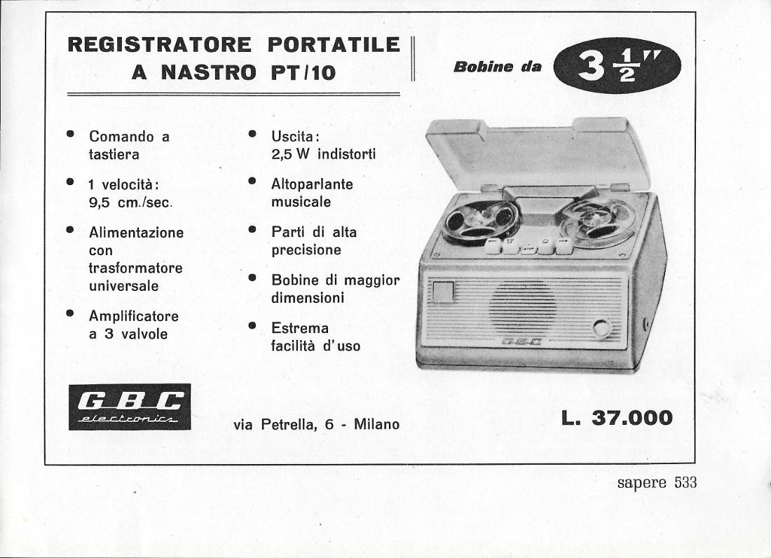 GBC. Registratore portatile a nastro PT/10. Advertising 1959