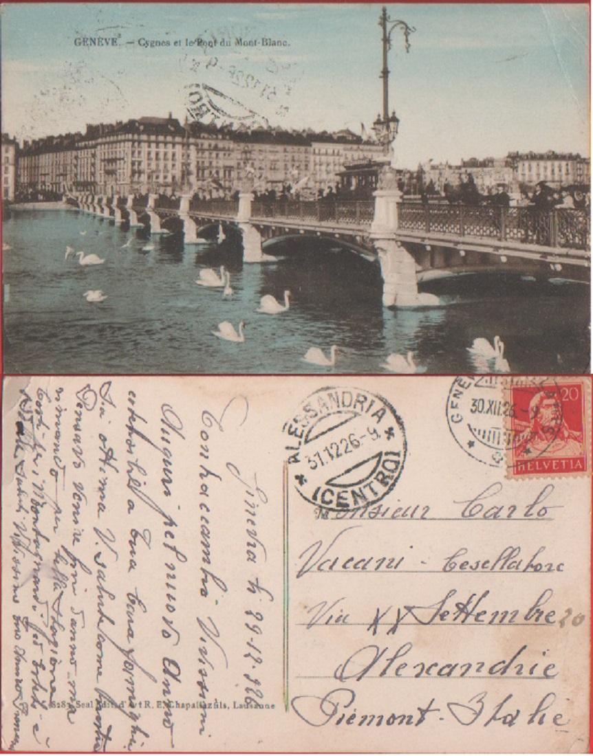 Geneve. Cygnes et le Pont du Mont Blanc. Viaggiata 1926