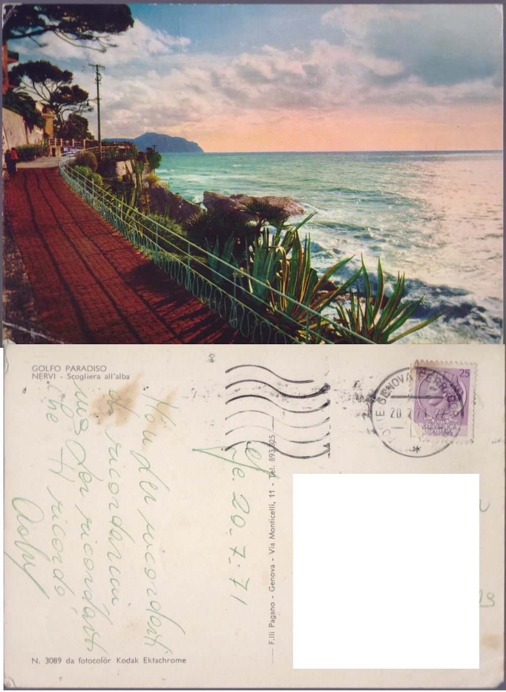 Genova Nervi. Scogliera all'alba. Viaggiata 1971