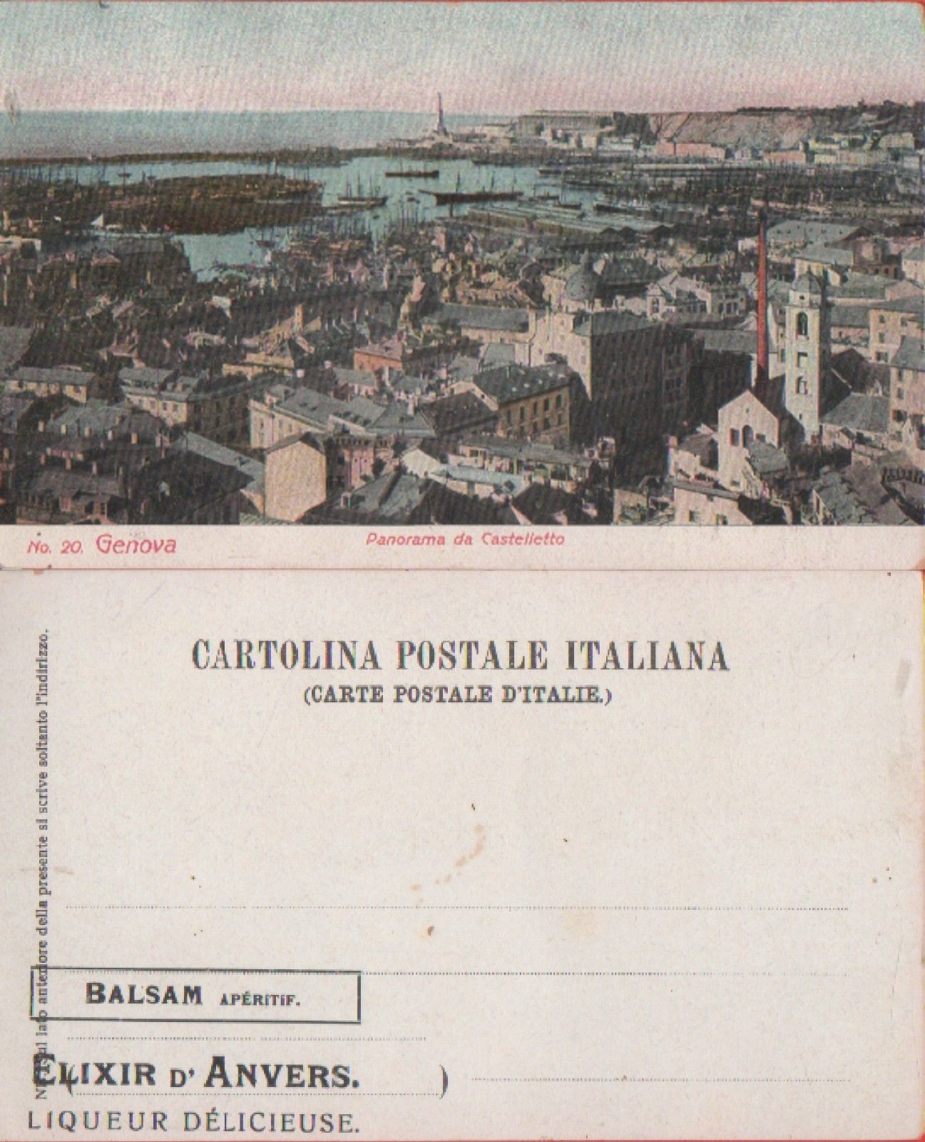 Genova. Panorama da Castelletto. Timbro pubblicitario. Non viaggiata, inizi '900.