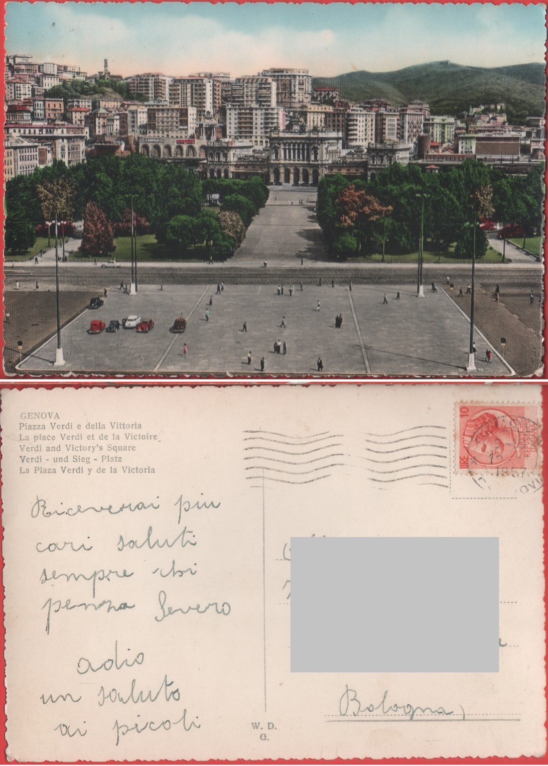 Genova. Piazza Verdi e della Vittoria. Viaggiata 1957