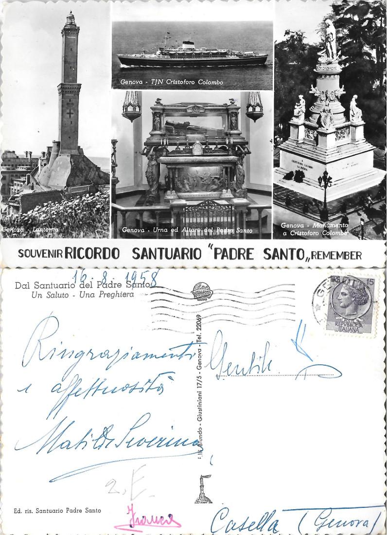 Genova. Ricordo Santuario Padre Santo. Viaggiata 1958