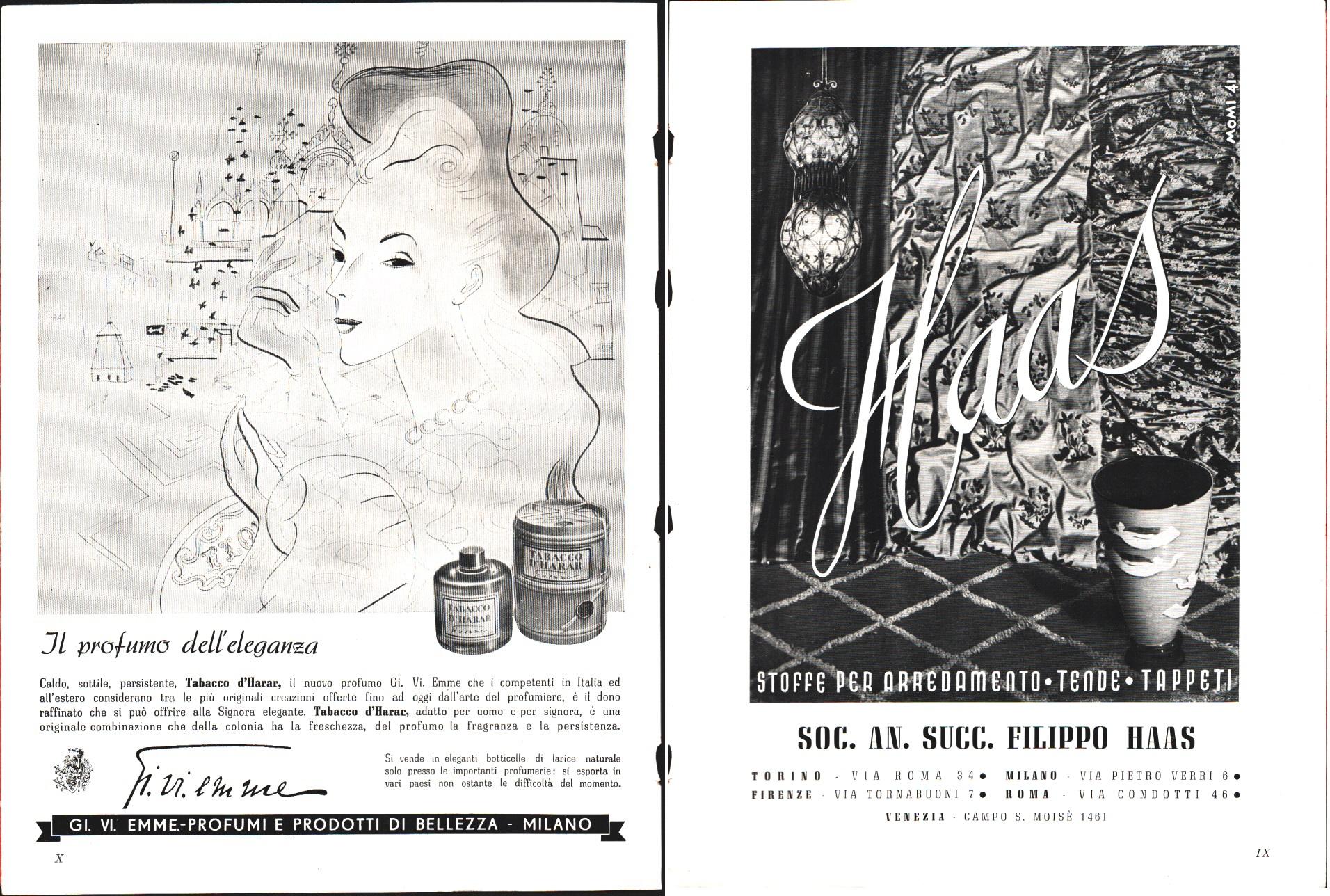 Gi.Vi.Emme profumi / F. Haas stoffe per arredamento. Pubblicità 1941