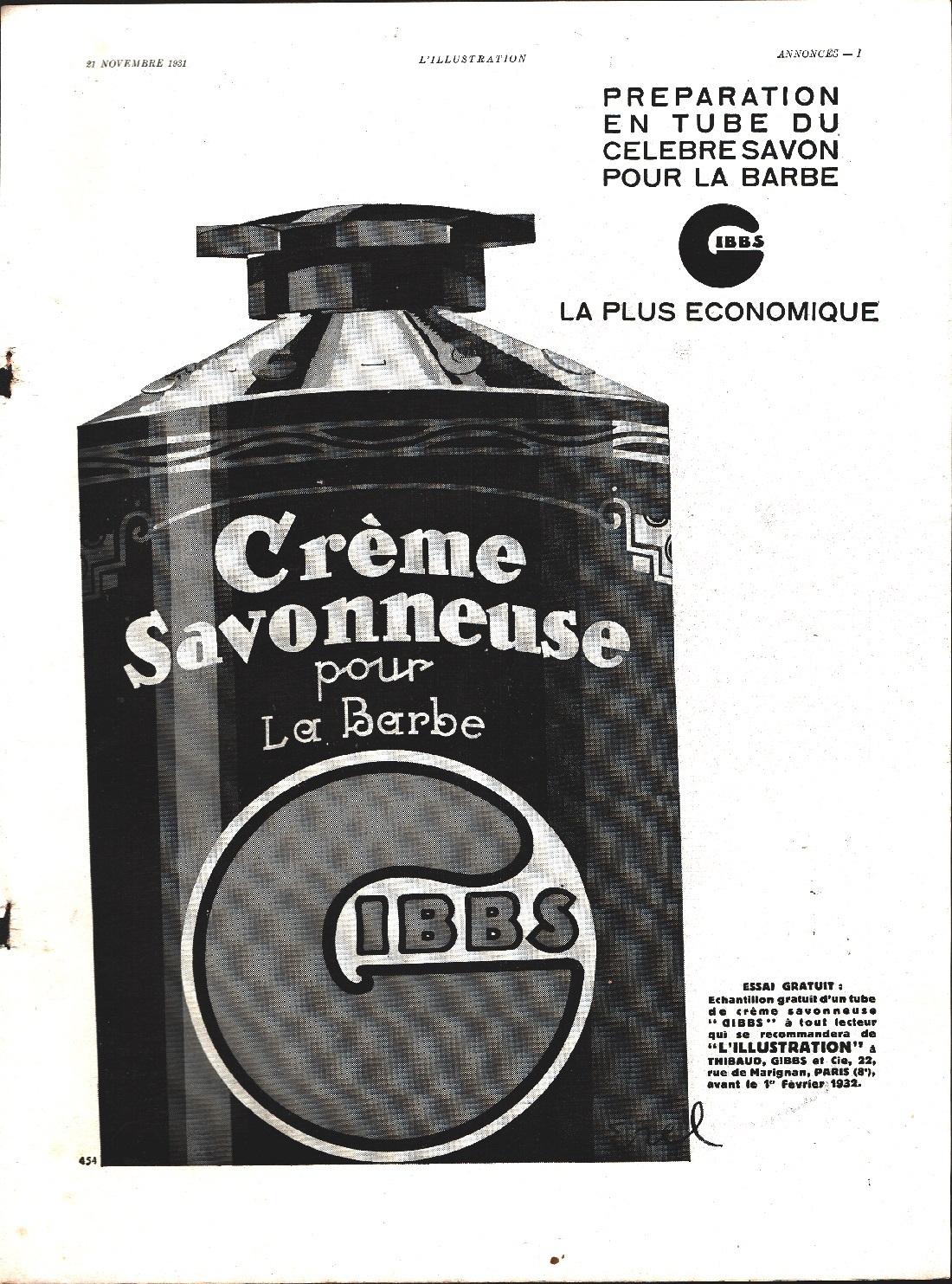 Gibbs creme savonneuse pour la barbe Advertising 1932