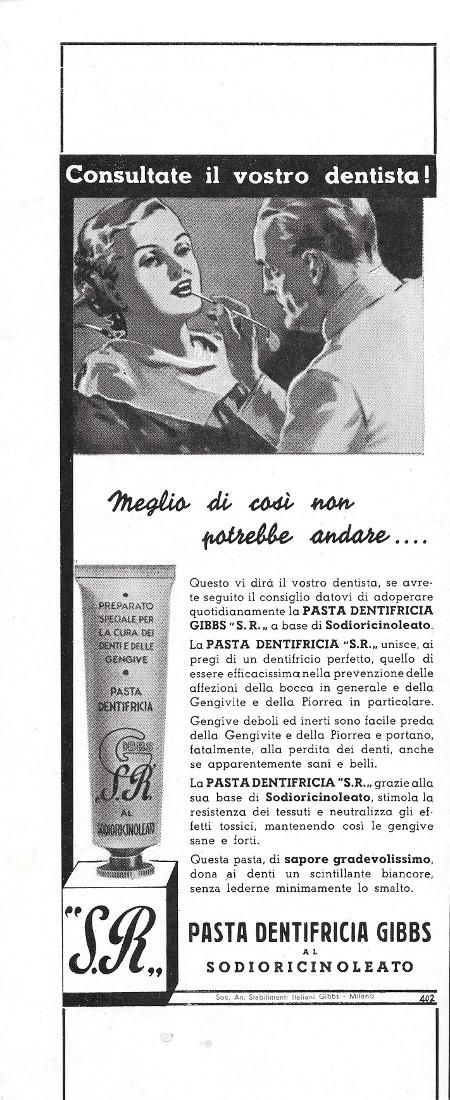 Gibbs, Pasta Dentifricia al Sodioricinoleato. Advertising 1938