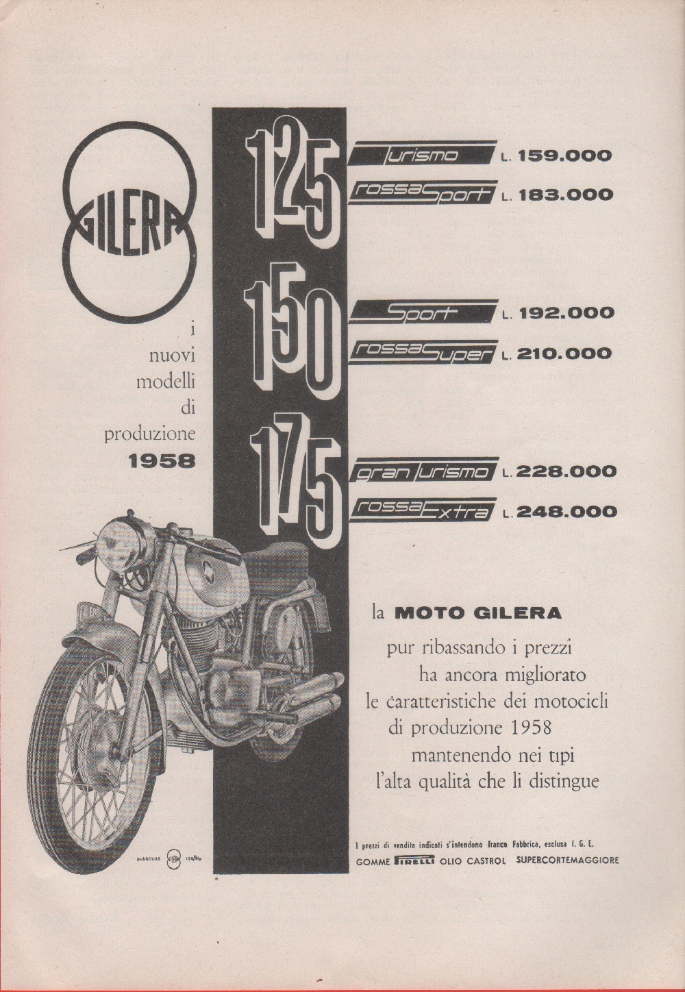 Gilera, i nuovi modelli di produzione 1958. Advertising 1958