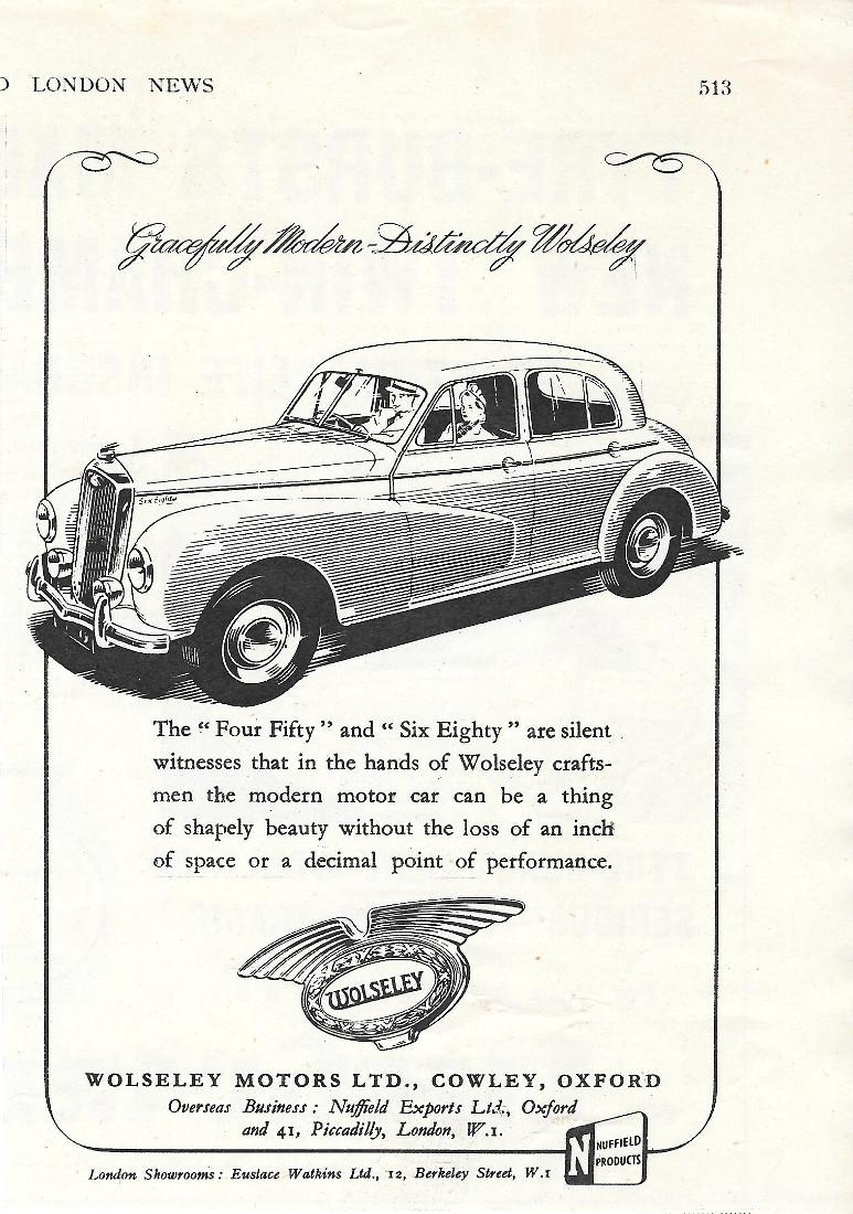 Gracefully Modern Distinctly Wolseley. Pubblità 1951