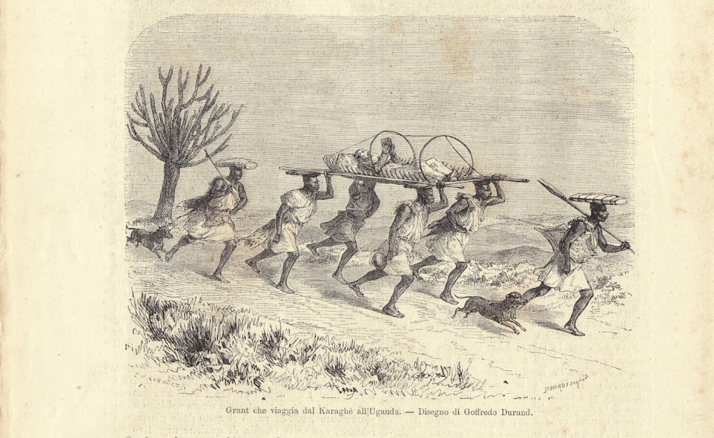 Grant che viaggia dal Kareghé all'Uganda. Illustrazione 1864