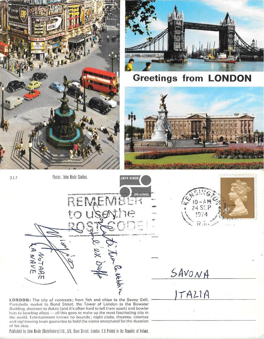 Greetings from London. Viaggiata 1974