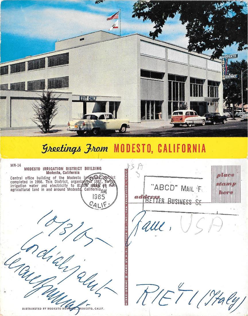 Greetings from Modesto. California. Viaggiata 1965 auto