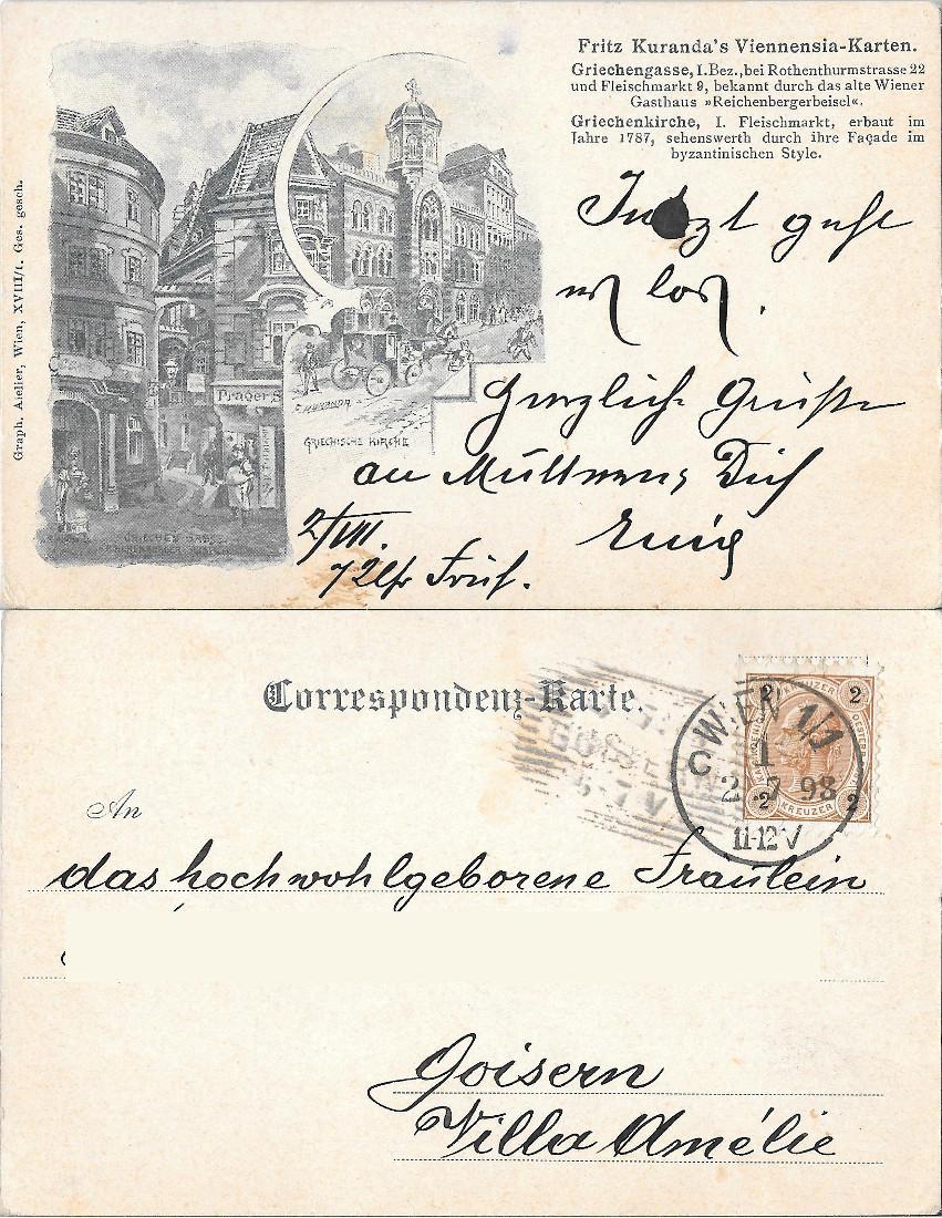 Griechengasse, Griechenkirche. Fritz Kuranda's Viennensia-Karten. Viaggiata 1898