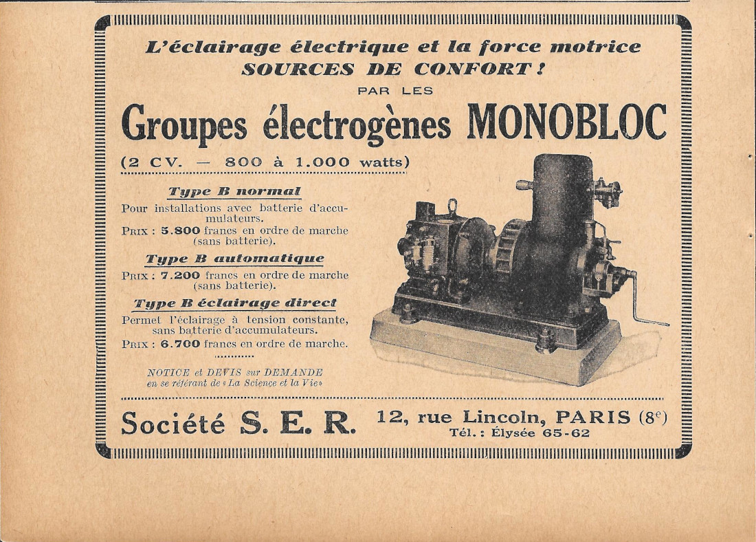 Groupes èlectrogènes Monobloc Société SER - Advertising 1928