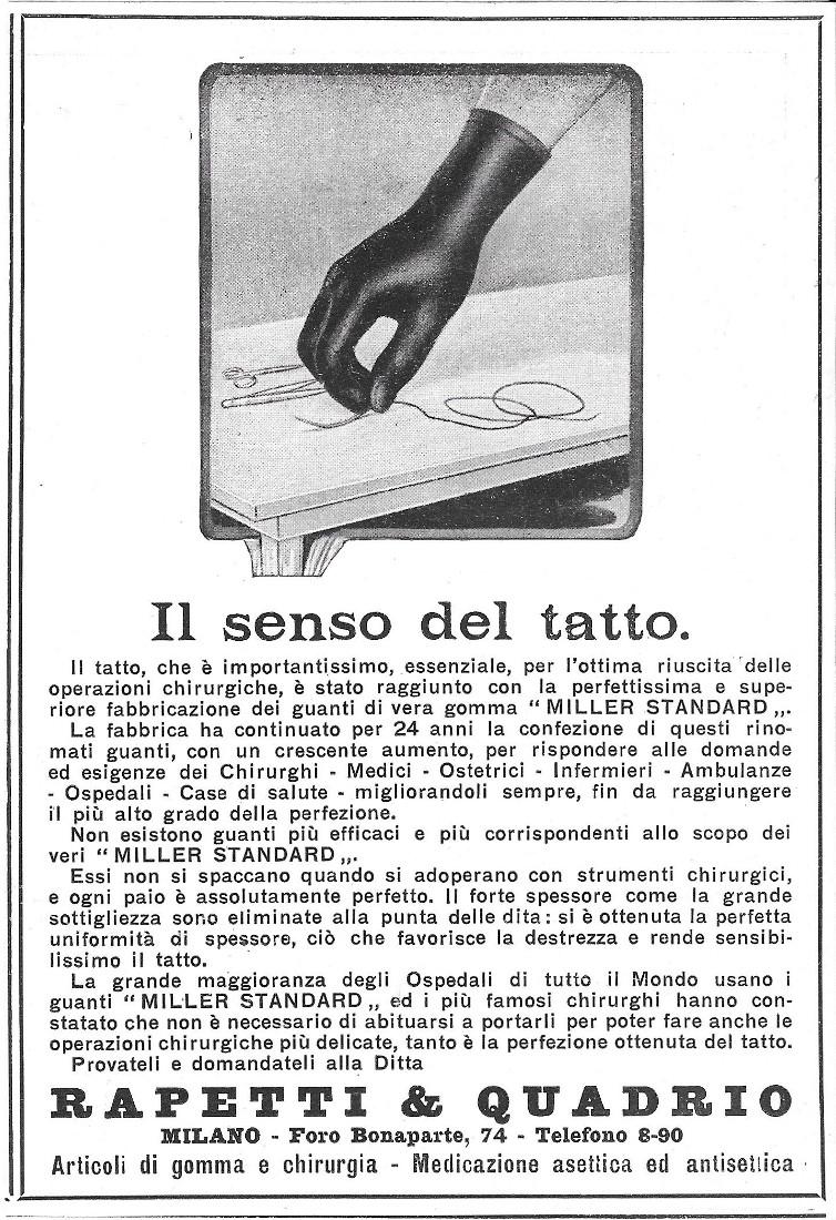 Guanti di gomma Miller standard. Rapetti&amp;Quadrio, Milano. Advertising 1916