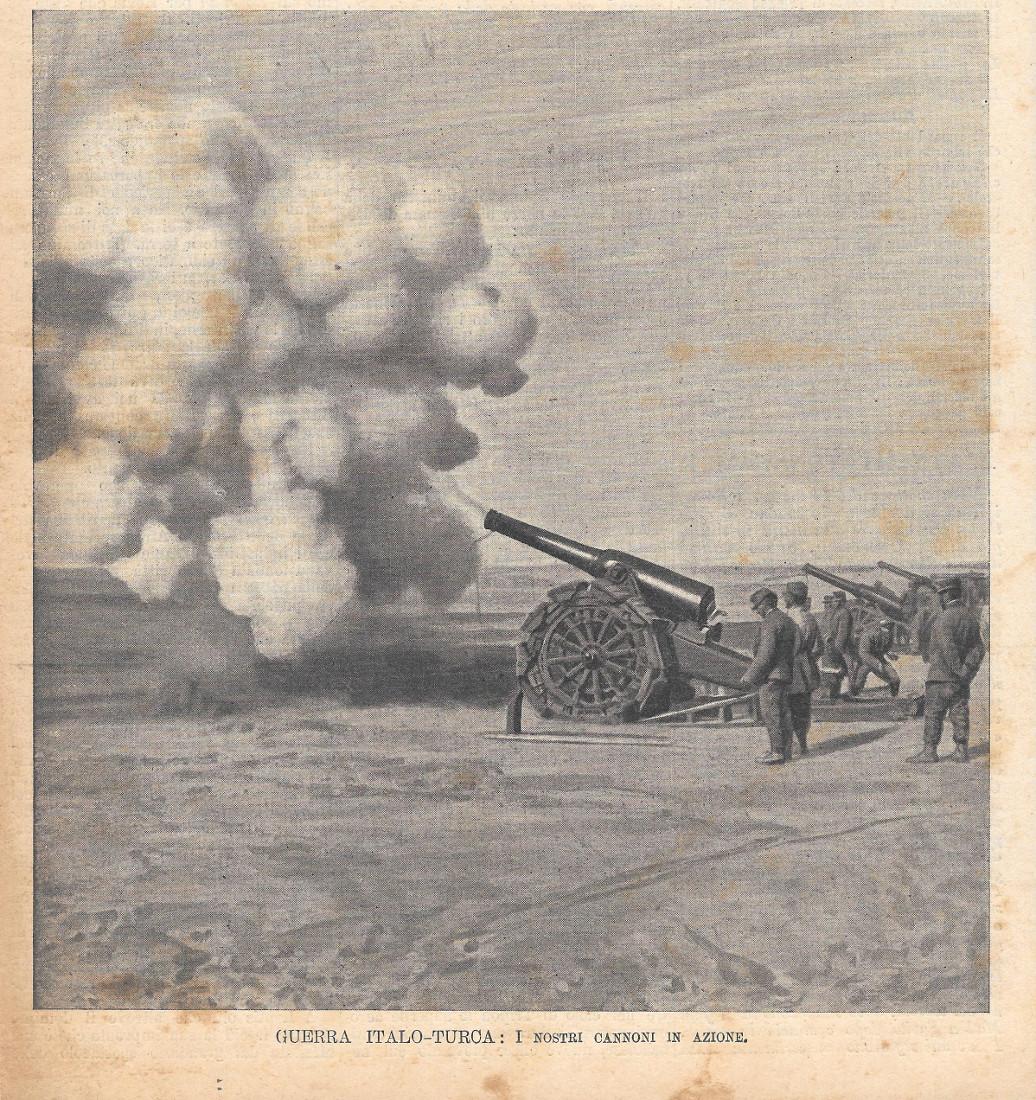 Guerra Italo-Turca. I nostri cannoni in azione. Stampa 1912