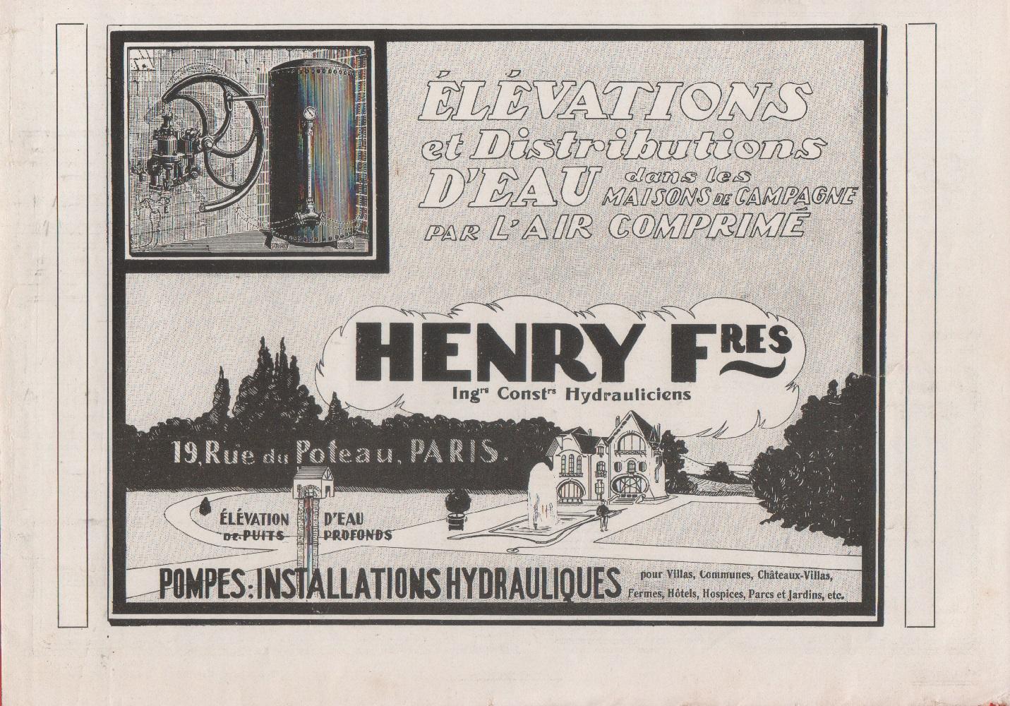 Henry F.res. Pompes, installations hydrauliques. Advertising 1912