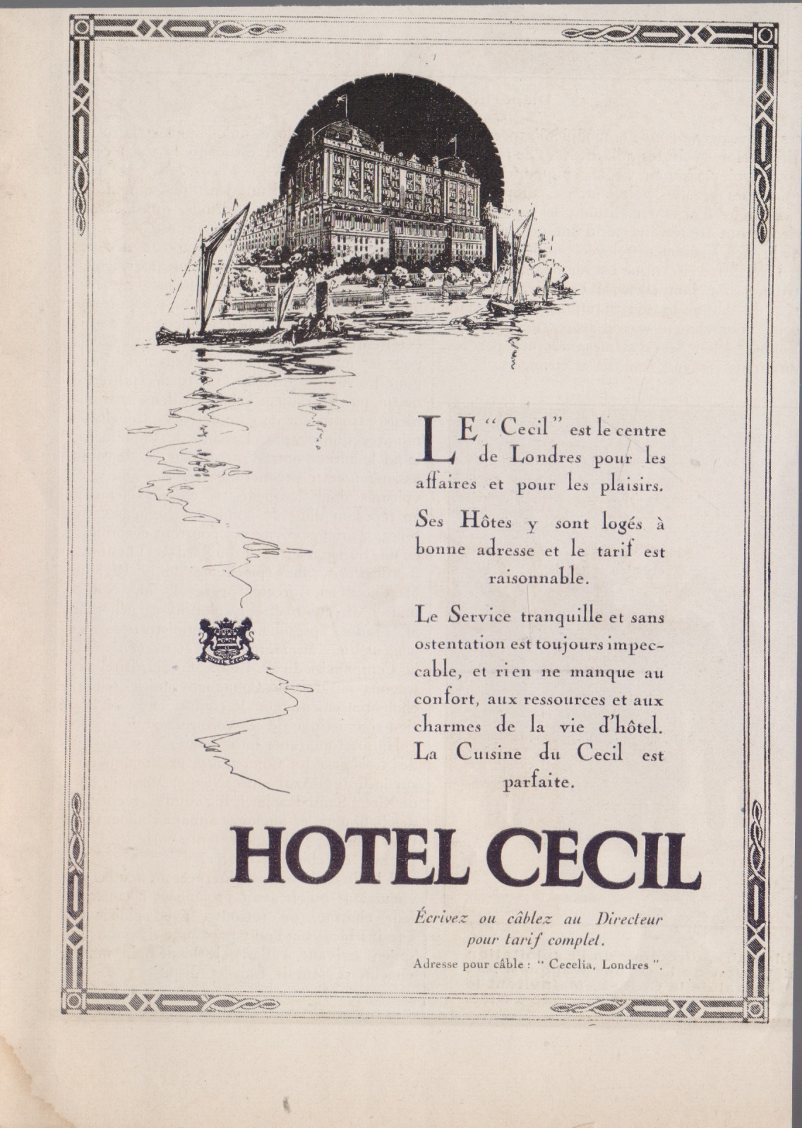 Hotel Cecil Londres. Advertising 1922