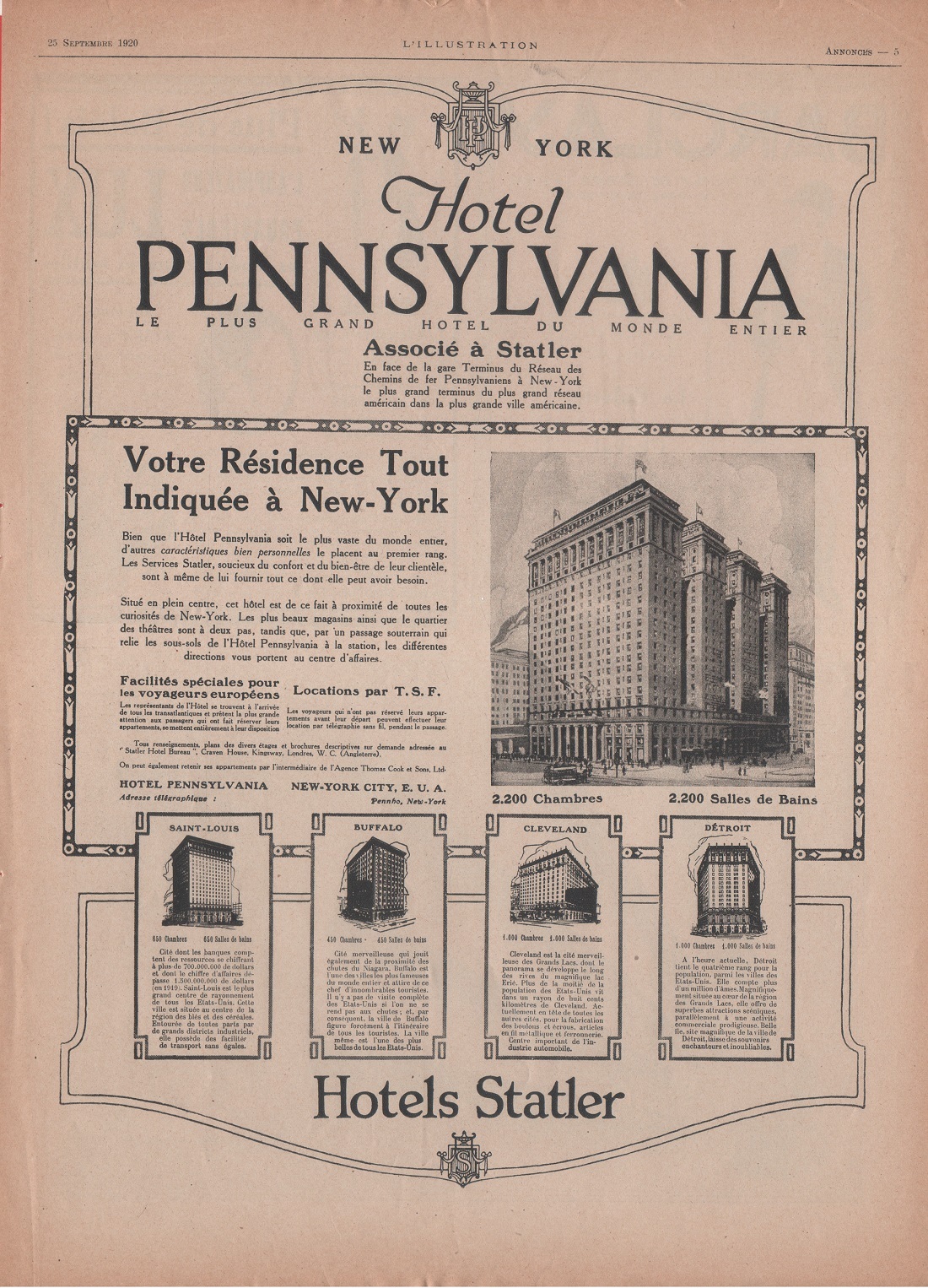 Hotel Pennsylvania New York. Advertising 1920