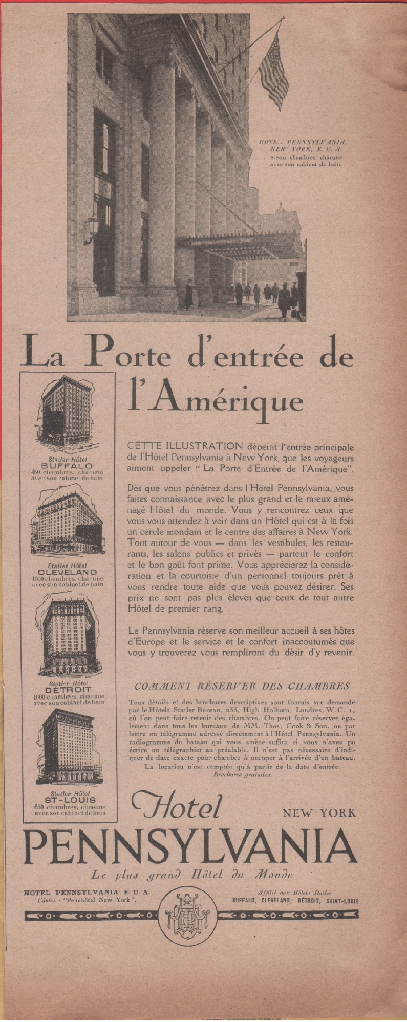 Hotel Pennsylvania, New York. Advertising 1923